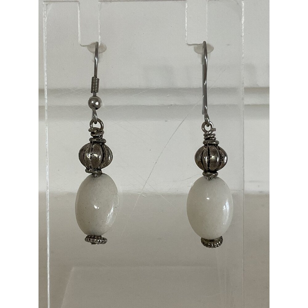 Vintage White Glass Bead & Silver-Tone Drop Earrings